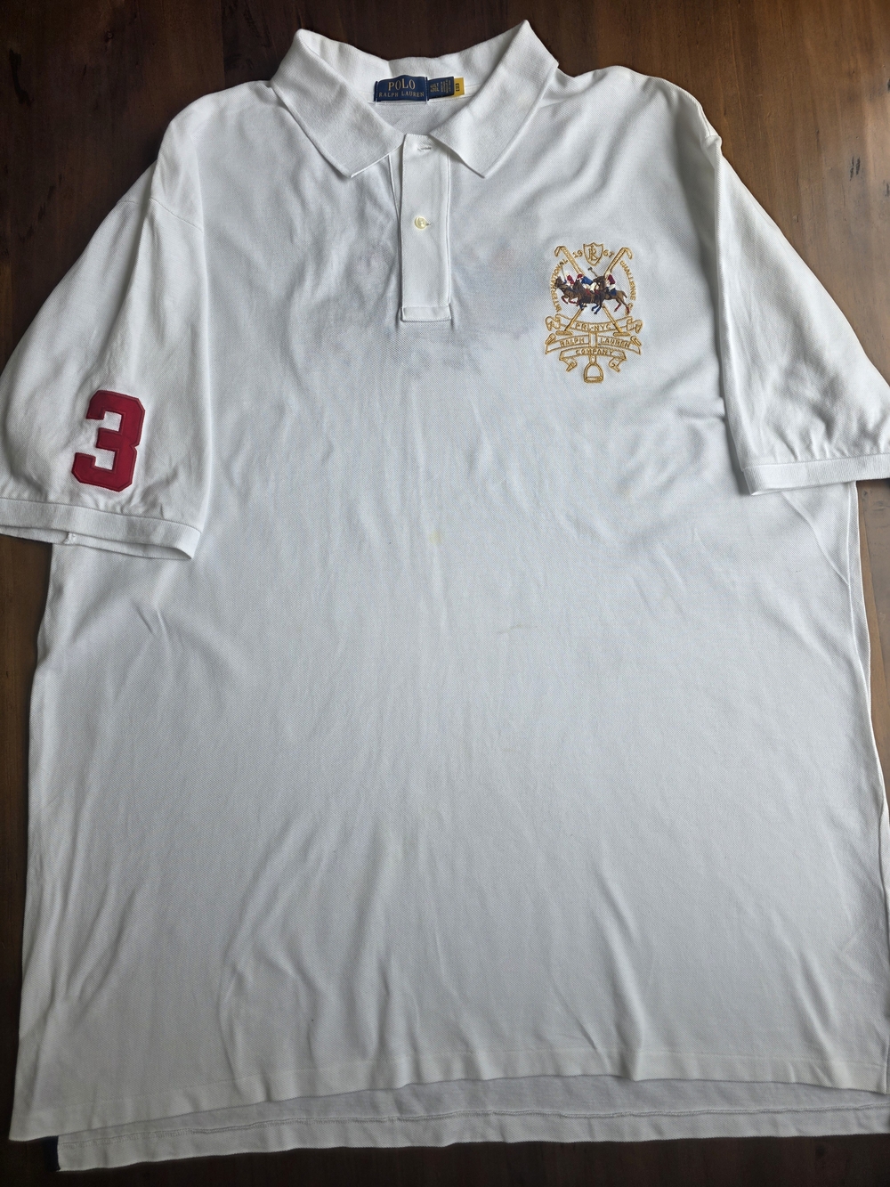 Polo by Ralph Lauren 4XLT White Polo with Gold Crest and Red Sleeve Number
